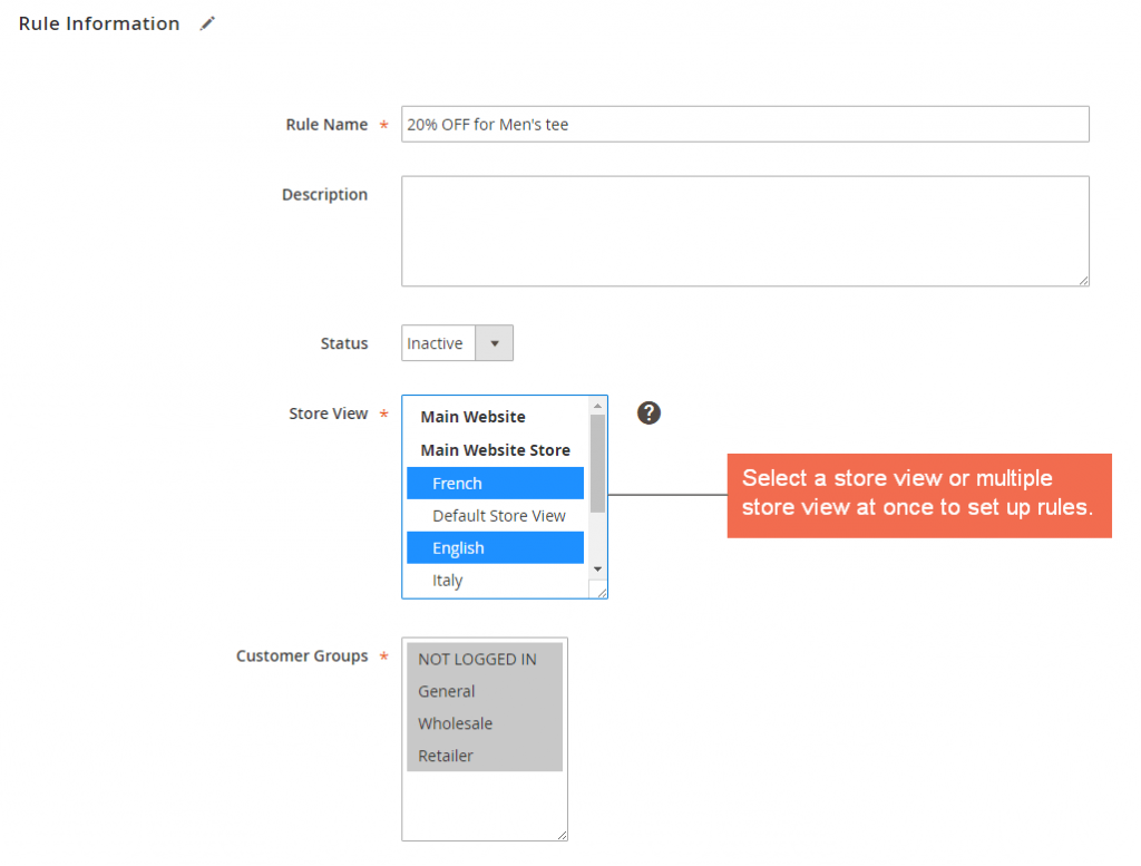 Select store views to set up rules in Magento 2 backend