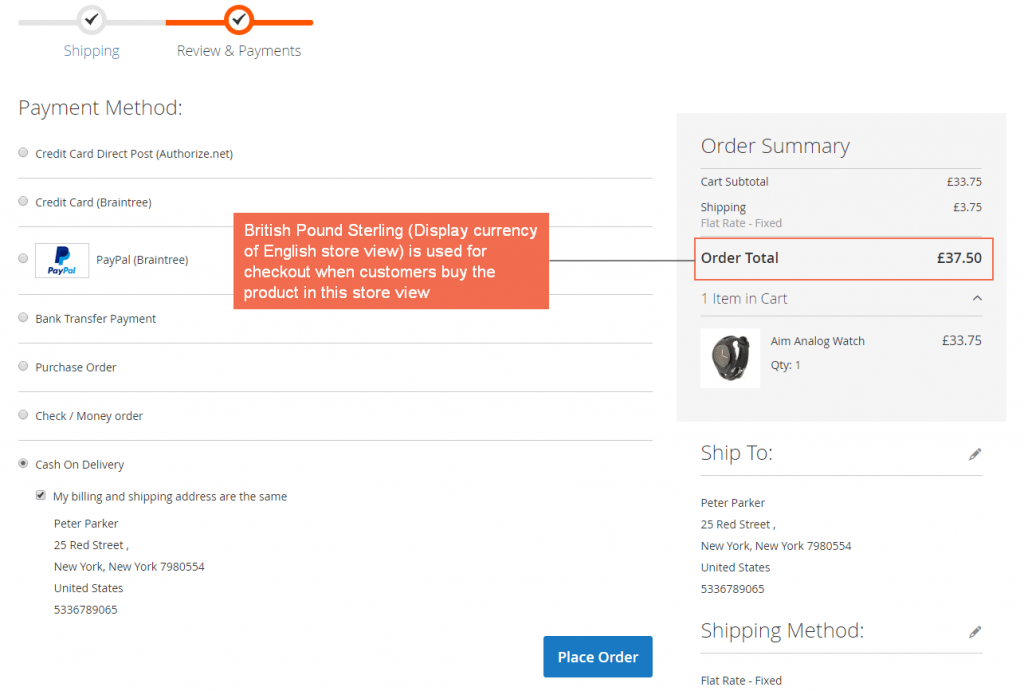 Checkout with British Pounds in English store view when using Magento 2 Checkout with Display Currency